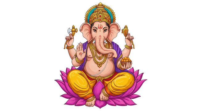 Illustration of Lord Ganesha Seated on a Lotus with Symbolic Elements