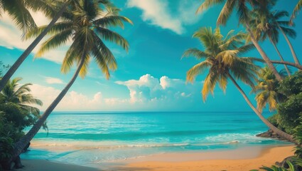 Tropical beach with palm trees under a bright blue sky and calm sea. Nature and relaxation, concept. Summer holiday, travel, tropical paradise. The concept of tranquility and vacation.