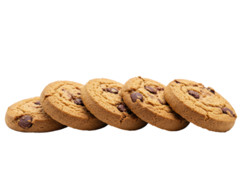 Six perfect golden-brown chocolate chip cookies with melted dark chocolate chunks, crisp edges, soft centers, on a transparent studio background with copy space, concept for gourmet food