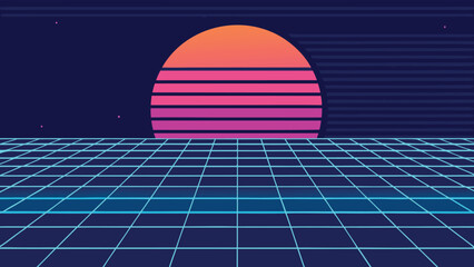 Retro Futuristic Sunset Grid Landscape with Neon Glow vector illustration