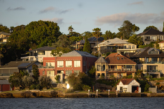 Waterfront homes along the Parramatta River in golden afternoon sunshine