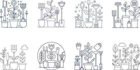 Modern Line Art Gardening Tools and Plants: Spring Growth, Minimalist Style