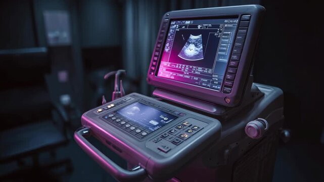 Diagnostic medical ultrasound imaging system with screen displaying a sonogram. Used for scanning internal organs for medical diagnosis in a clinical setting.