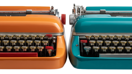 Orange and teal typewriters facing each other