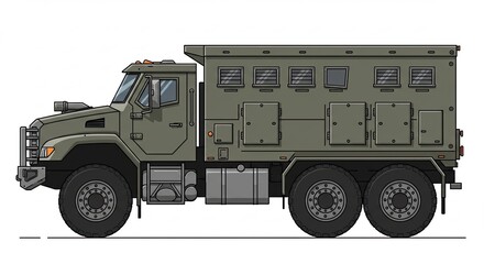 Olive Green Military Truck Transporting on White Background