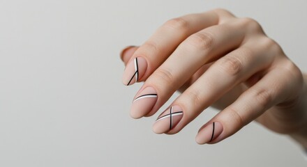 Elegant Nude Nails with Minimalist Black Line Art Design