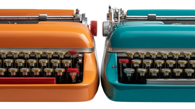 Orange and teal typewriters facing each other
