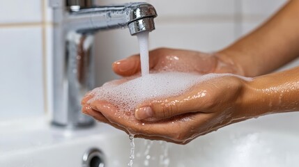 Close up of human hands washing with soap and running water in bathroom sink