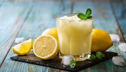 Fototapeta premium refreshing lemon smoothie in a glass garnished with lemon slices and ice cubes