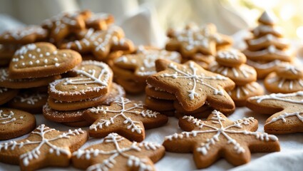 Assorted Christmas cookies decorated with icing, including star and tree shapes, displayed on a tray.