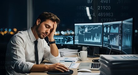 Exhausted businessman overwhelmed by financial data at night