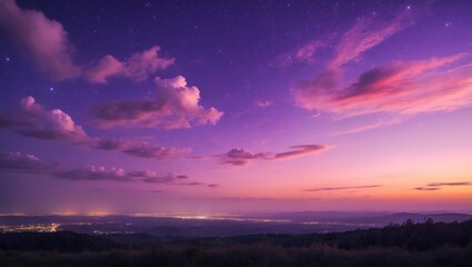 Fototapeta premium Colorful twilight sky over landscape with clouds and stars, displaying shades of purple, pink, and orange. Scenic night view with distant city lights and horizon.