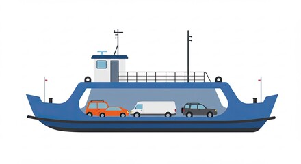 Obraz premium Blue Ferry Boat Carrying Orange and Grey Cars on White