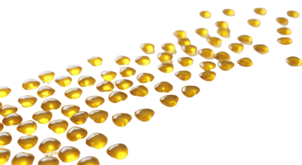 Numerous small, delicate, translucent glowing golden and yellow heart shapes, sharp on a transparent background with creamy bokeh, symbolizing positive sentiment and appreciation