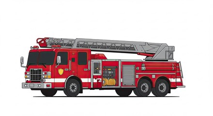 Bright Red Firetruck with Ladder on White Background Fire Safety Vehicle