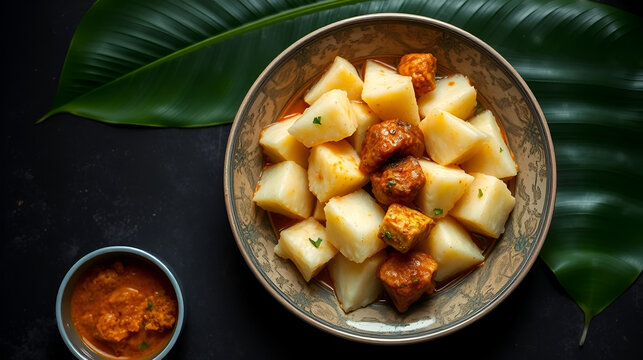 Cooked tapioca or Cassava root , Mandioca or Aipim, Kerala special Kappa Puzhukku or Kappa biryani South Indian food with spicy meat curry, beef tapioca, India. with Fish curry. root vegetable Brazil