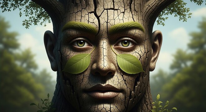 Nature's Guardian: A captivating portrait of a human-tree hybrid, merging nature's essence with human form, symbolizing the harmony of humankind and environment. 