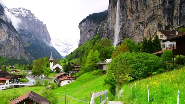 Panoramic view of Lauterbrunnen valley and Staubbach Fall in Swiss Alps, Switzerland