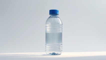 Fototapeta premium Clear plastic water bottle with blue cap on a light background. Hydration and beverage concept. Refreshing and drinking. The concept of clean drinking water.