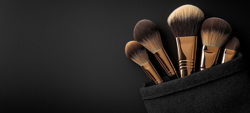 Professional golden makeup brushes neatly arranged in black towel pocket on dark background, elegant cosmetic tools with empty space for text or logo design in beauty studio
