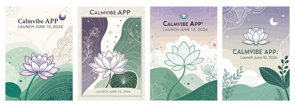 Elegant launch graphics featuring nature-inspired designs for the Calmvibe app, showcasing tranquility and harmony.