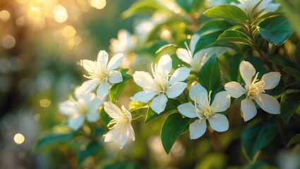 Fototapeta premium White flowers blooming on green leaves, with sunlight and bokeh background. Nature and plant life, concept. Botanical and floral photography. The concept of natural beauty and growth.