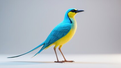 Fototapeta premium Bright blue and yellow bird with long tail standing on a white surface.