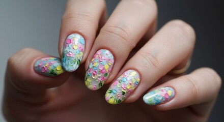 Floral Fantasy Spring-Inspired Nail Art with Pastel Hues and Delicate Blossoms