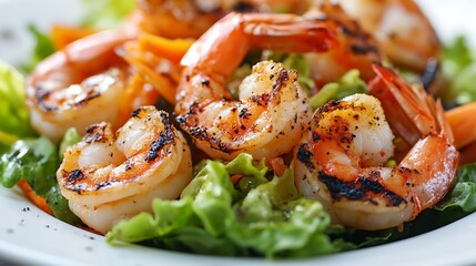 A close up shot of grilled shrimp served on a bed of lettuce and shredded carrots on a white plate