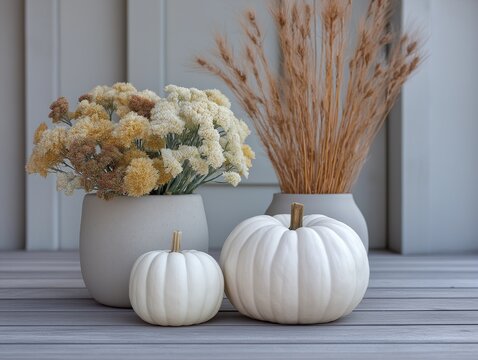 Minimalist fall white and sage pumpkins arranged on a grey wooden floor mums and dried wheat in ceramic pots