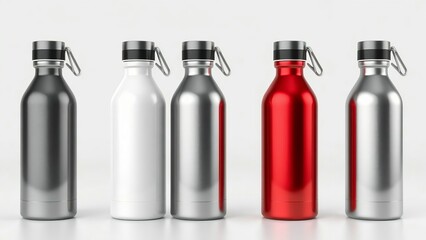 Assorted reusable water bottles in gray white silver and red for hydration and sustainability