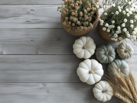 Minimalist fall white and sage pumpkins arranged on a grey wooden floor. Copy space for text.