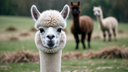 Fototapeta premium A close-up of a llama's face with three other llamas in the background in a grassy field.