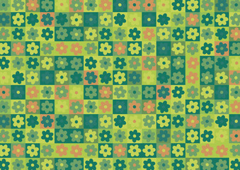 レトロで可愛い花模様のシームレスパターン背景｜グリーンとオレンジの繰り返し模様