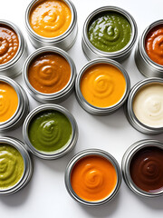 Various sauces in silver tins, vibrant colors on a white background.