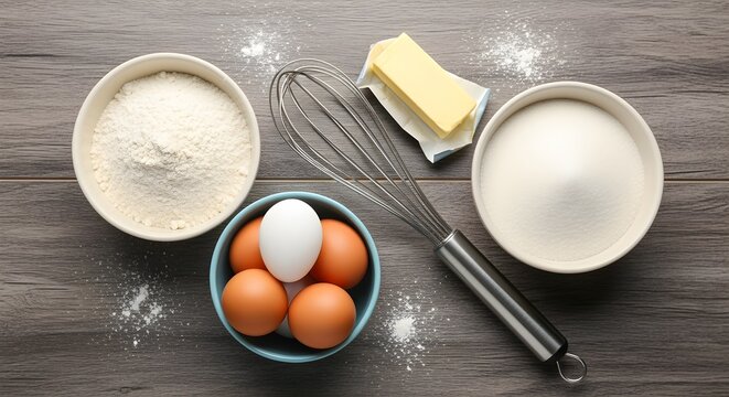 Flat lay of sponge cake ingredients eggs, flour, sugar, whisk, butter