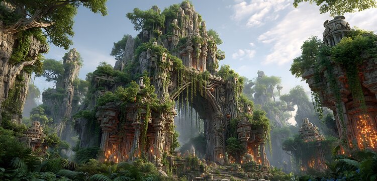 Deep jungle ruins embedded with orange glowing AI circuits and tech vines