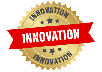 innovation. innovation round red and gold label isolated on transparent background