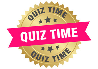 quiz time. quiz time round pink and gold label isolated on transparent background