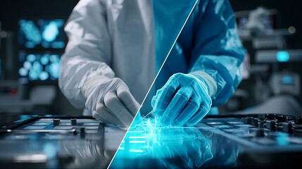 Male scientist using advanced technology in a high-tech laboratory setting.