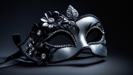 A decorative mask with flowers and gemstones, primarily black and silver, set against a dark background.