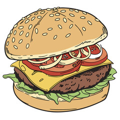 Juicy burger with sesame bun and fresh ingredients