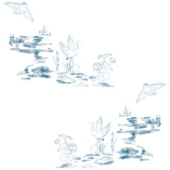 Lotus and crane bird seamless pattern