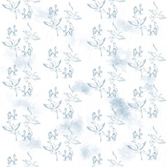 seamless pattern with crane birds, lotus flowers, cloud, and raindrop