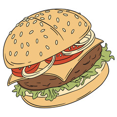 Burger with sesame bun lettuce tomato cheese hamburger