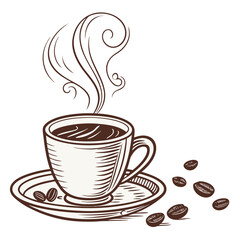 Steaming coffee cup with beans saucer