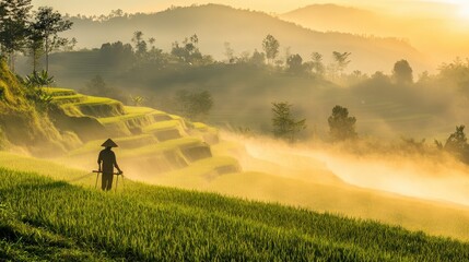 Farmer in conical hat at misty sunrise over lush rice terraces