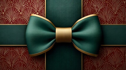 Elegant emerald bow with golden trim accents a beautifully patterned gift box perfect for special occasions.