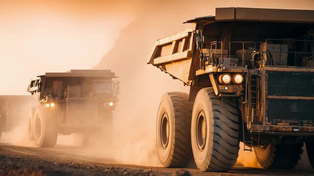 Heavy machinery: Massive mining trucks moving across dusty terrain, evoking a sense of power and industry in a challenging environment.