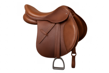 Classic leather horse saddle isolated on transparent background